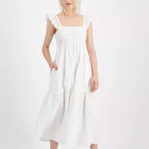 French Connection Women's 10 White Organic Cotton Isla Smocked Midi Dres…